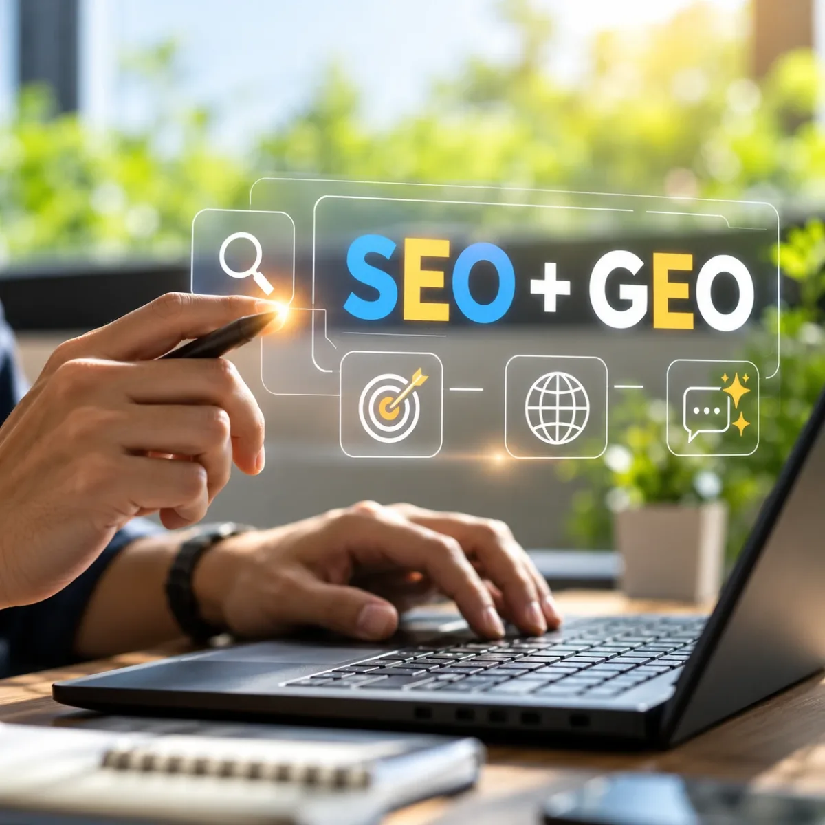 Persona trabajando en el portátil con iconos de SEO y GEO para buscadores y asistentes de IA