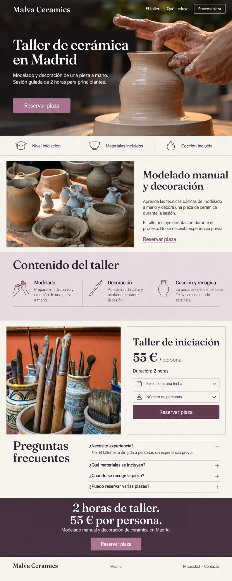 Ejemplo de landing page para un taller de cerámica en Madrid