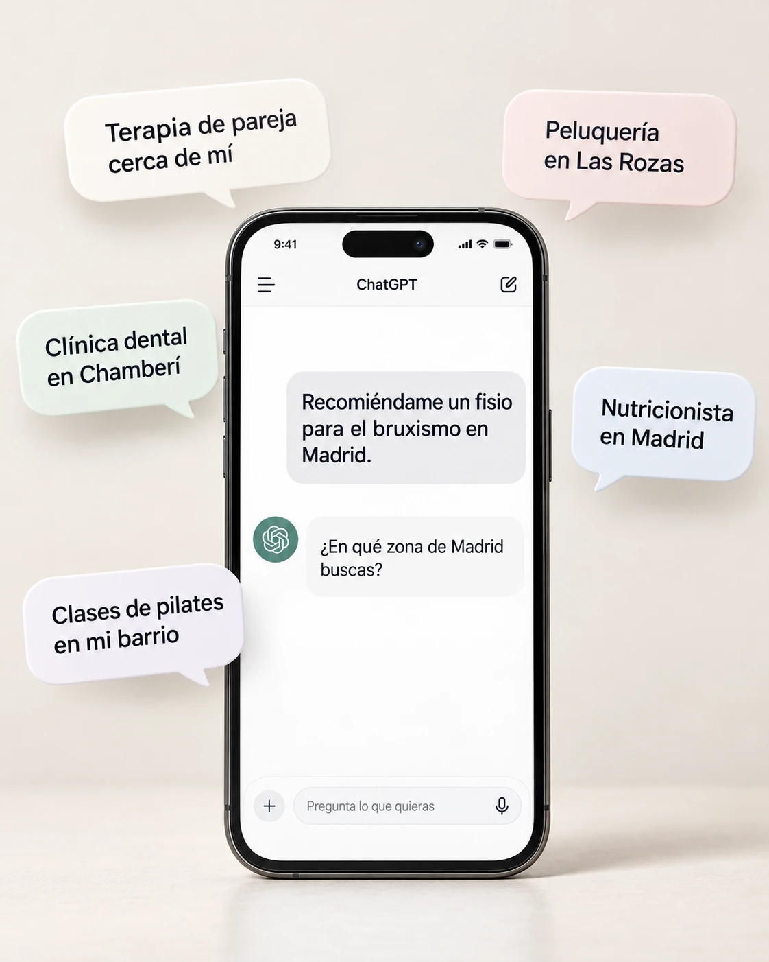 Móvil con ChatGPT y preguntas de clientes buscando negocios locales
