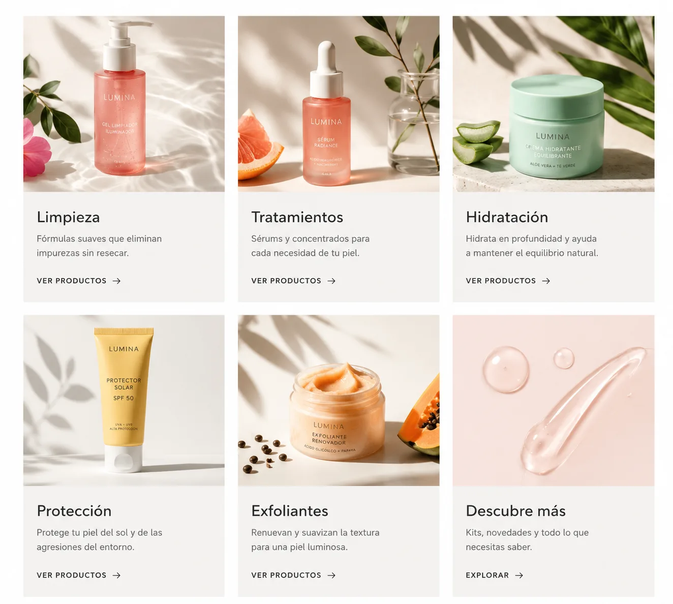 Diseño de una página de catálogo con seis categorías de cosmética y enlaces a productos
