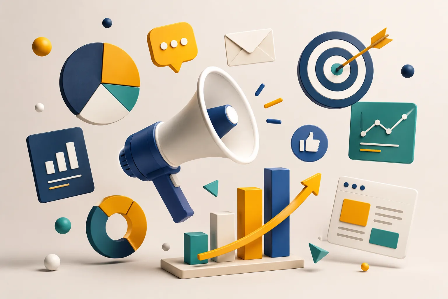 Ilustración de posicionamiento SEO: megáfono, gráficos de crecimiento y diana