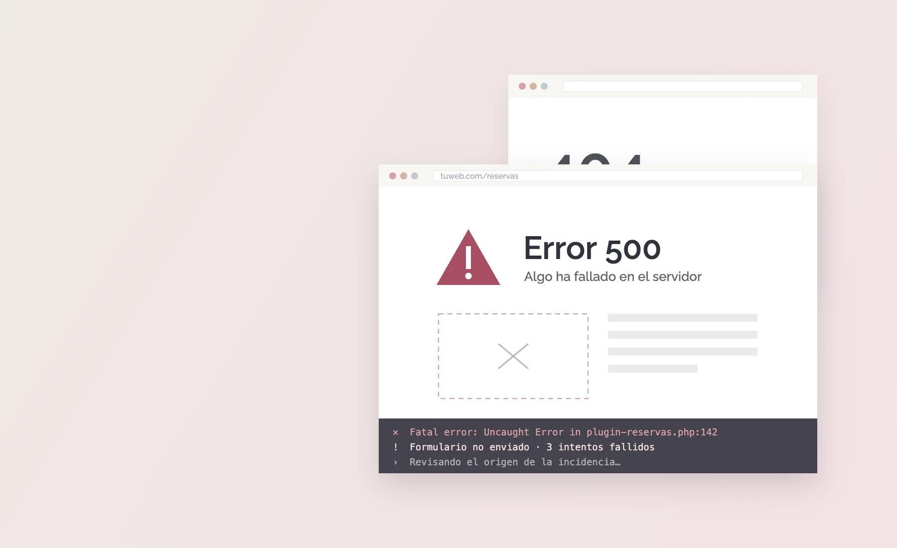 Ventana de navegador con un error 500 y avisos de fallo en la consola: incidencia técnica en una web